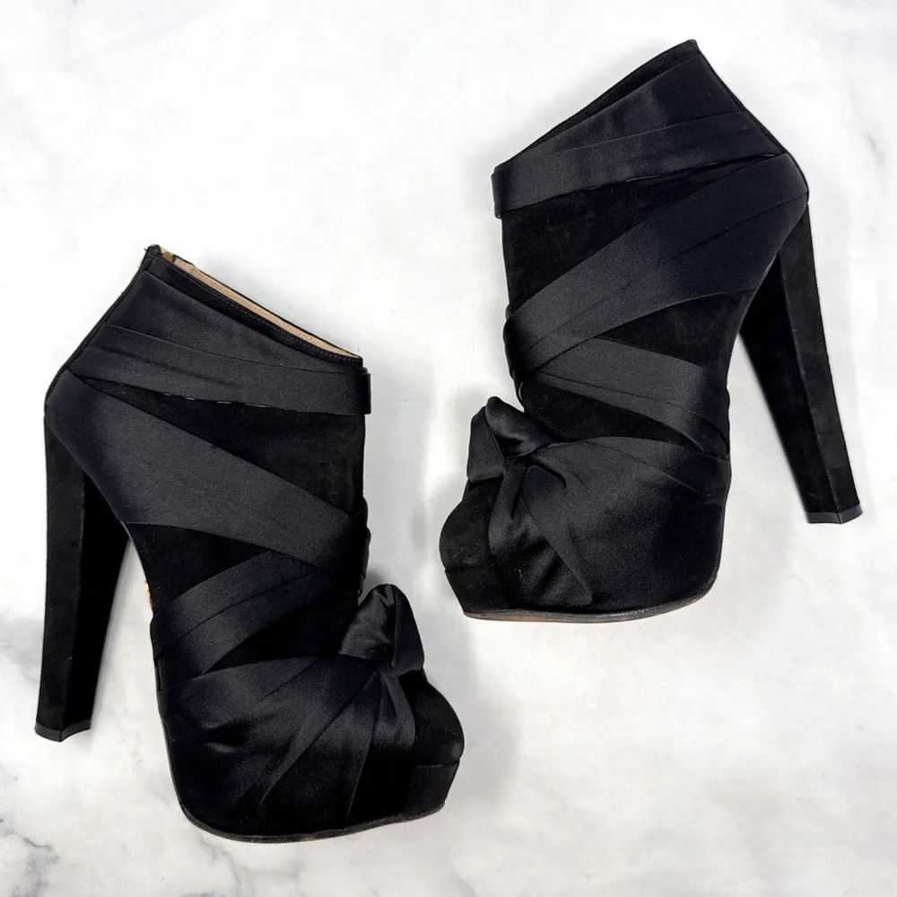 Charlotte Olympia Satin Wrap Turban Knot Suede Platform Block Heel Ankle Boot 37